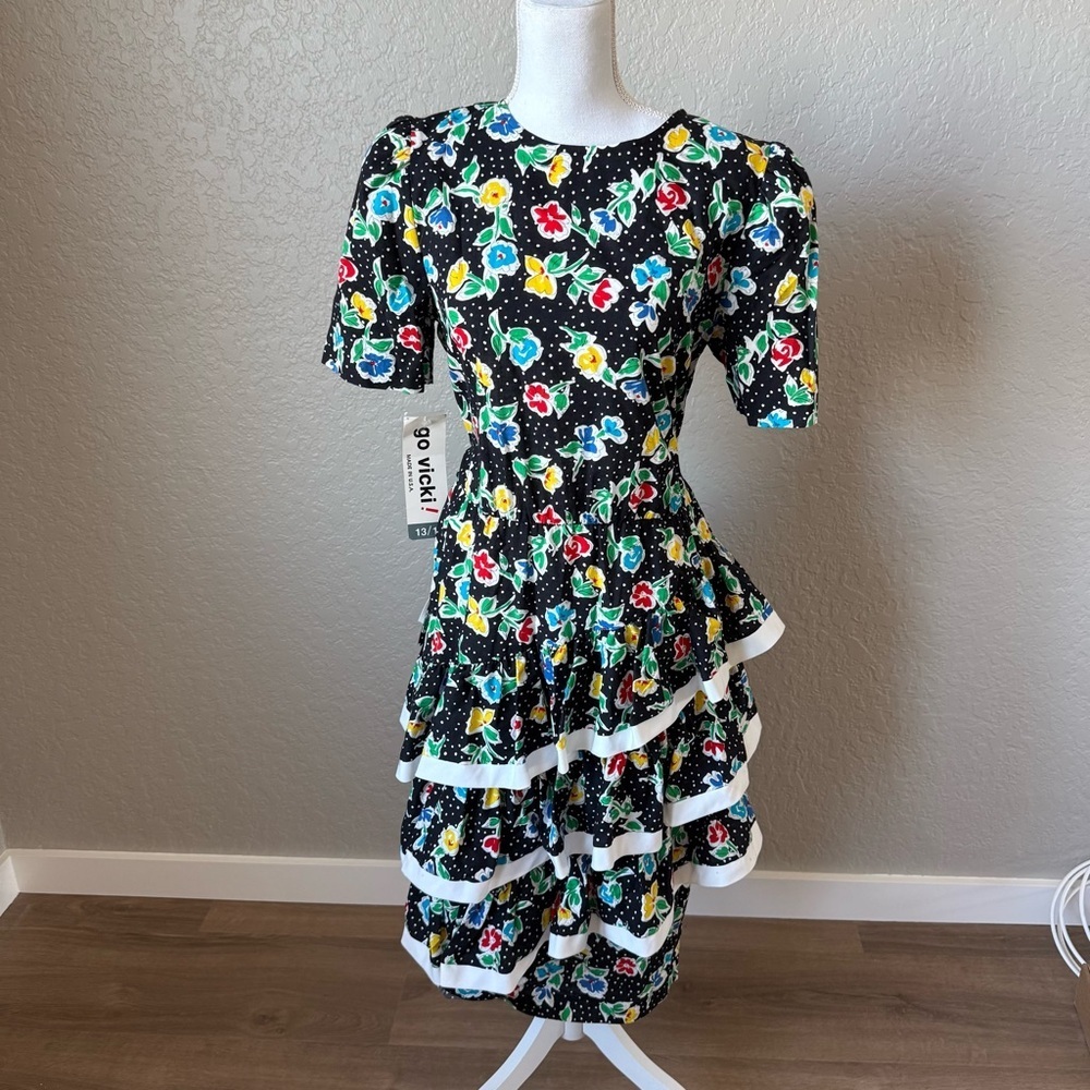 Vintage Go Vicki 80s/90s Tiered Ruffled Midi Dress SZ 13/14 Whimsical Retro Rare